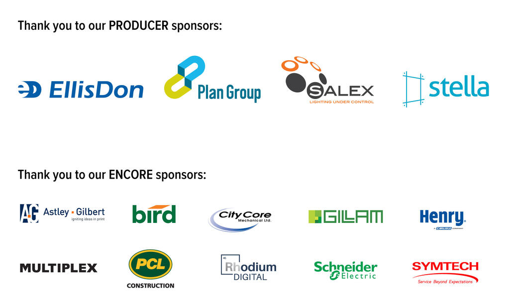 Eco Jam Sponsors (EllisDon, Plan Group, Stella, Astley Gilbert, Bird, City Core, Gillam, Henry, Multiplex, PCL, Rhodium, Schneider, Symtech)