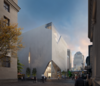 Rendering of the new Glenbow Museum building, a large square building made of stone and glass.